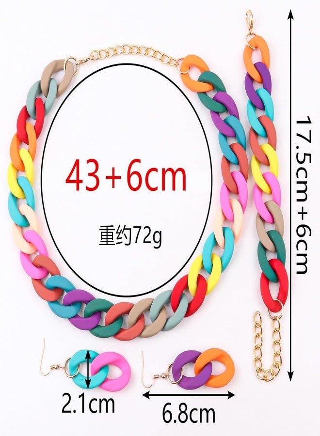 QRH Acrylic Macaron Necklace Bracelet Earrings Set Chunky Cuban Link Hip Hop Chain Jewelry Set Multicolor 70 80S Punk Acrylic Chain Bracelet Necklace Earrings Set Party Costume- khaki - Image 2
